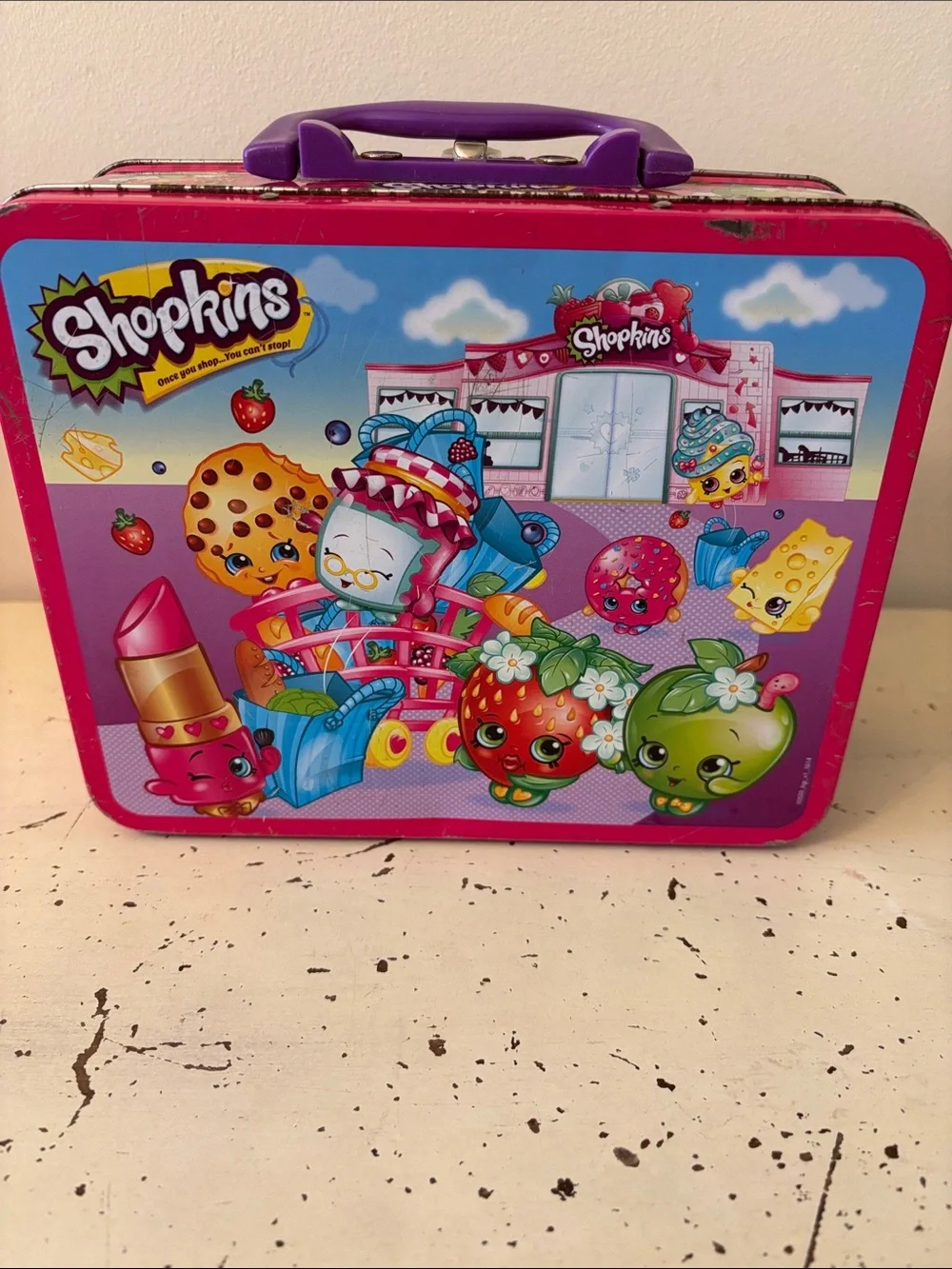 Shopkins Pink and Purple Tin Lunchbox - Kids Toy Storage